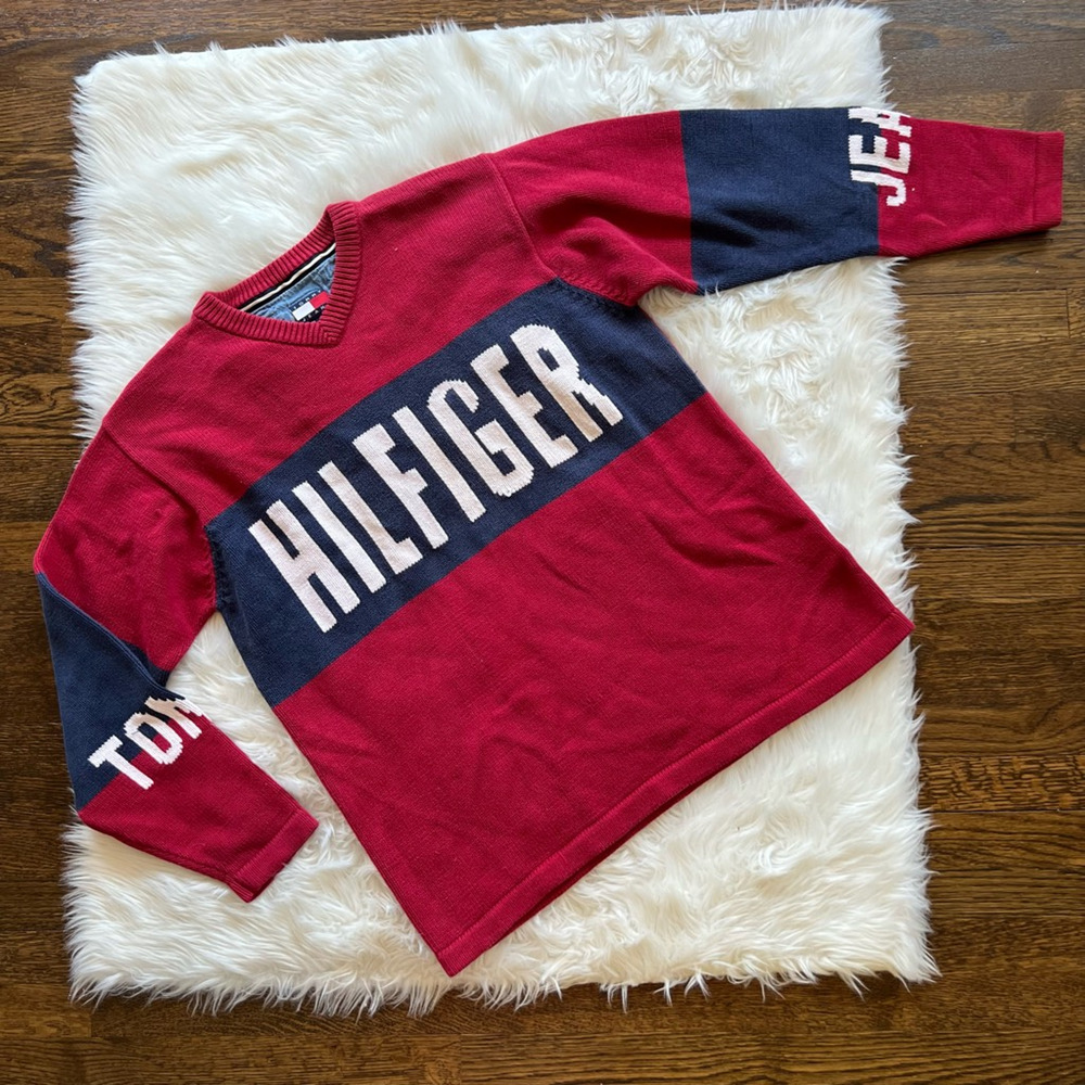 Tommy Hilfiger Jeans Mens Pullover Sweater Red Blue Color Block Spell Out S